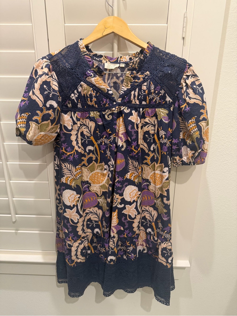 Anthropologie Womens Navy Floral Crochet-Yoke Casual Dress with Puff Sleeves